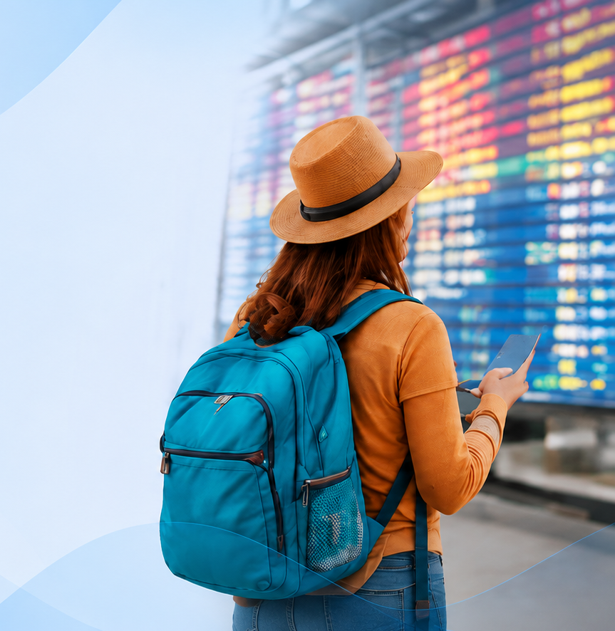 Viajera preparándose para un viaje y consultando información sobre vacunas